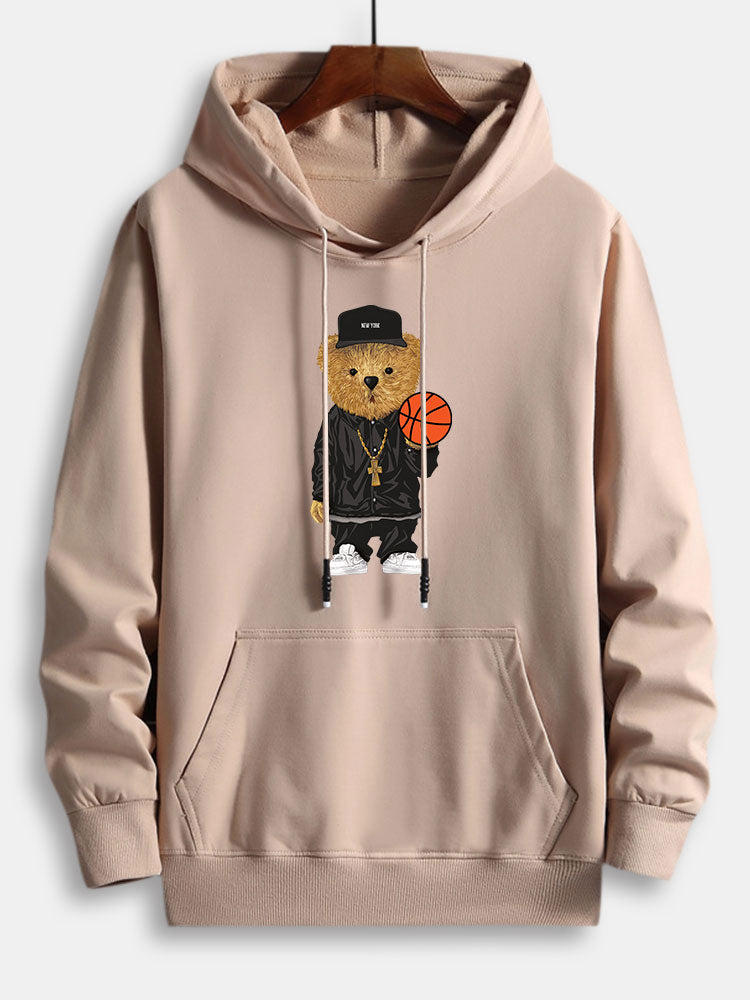 Basketball Bear Print Cotton Hoodie